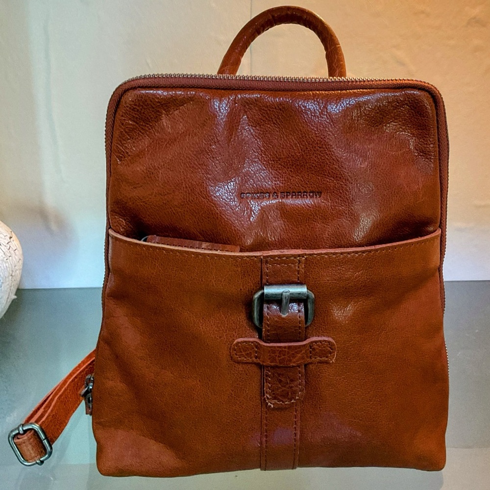 Brown Leather Backpack with Minimalist Design and Adjustable Strap